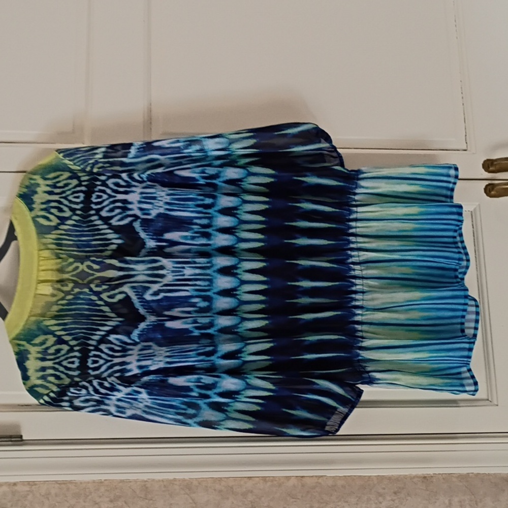 Chico’s Ladies 2/size 12 Blue Green Tribal Print Sheer Tunic - Picture 4 of 4